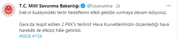 MSB duyurdu: Gara’da 2 PKK’lı terörist etkisiz hale getirildi